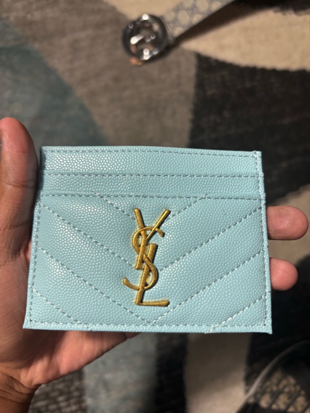 Yves Saint Laurent Light Blue Quilted Card Holder with Gold YSL - Picture 5 of 6
